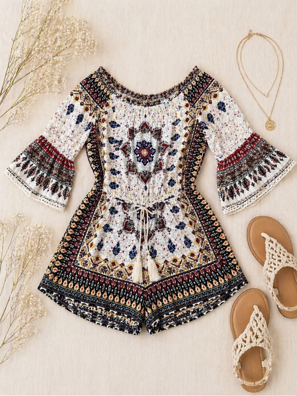 Angie White Off-Shoulder Top with Red and Yellow Dot Print
